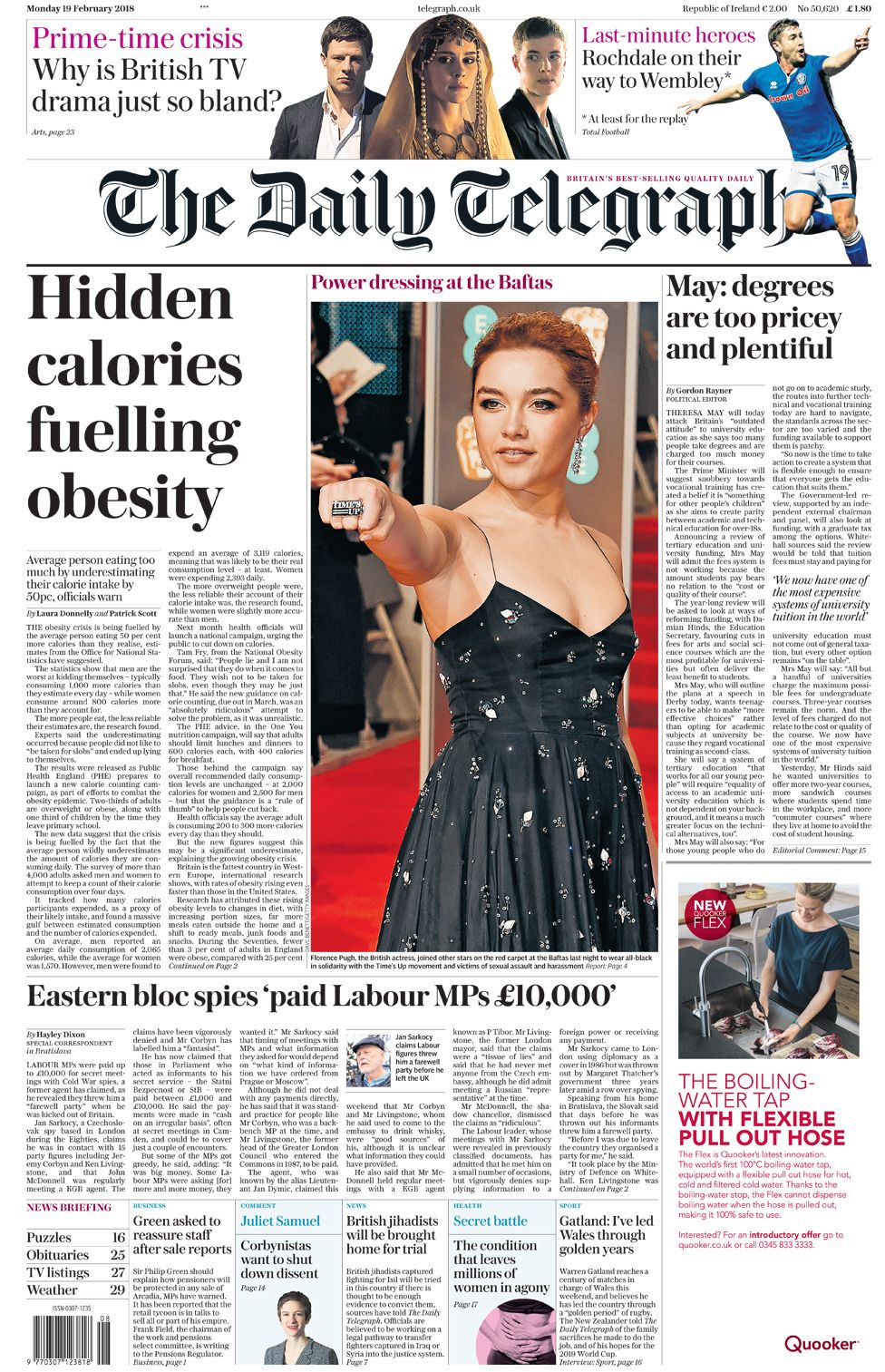 Newspaper headlines: Bafta power-dressing and 'hidden' calories - BBC News