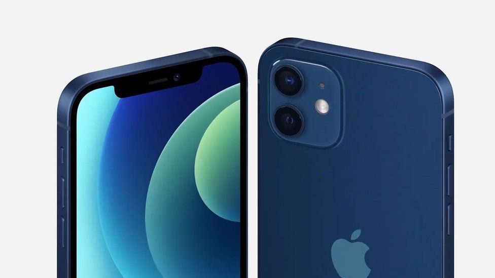 iPhone 12 blue in seen in front and back