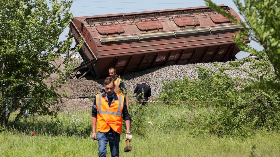 A derailed train carriage near Simferopol in the Russia-annexed Crimea. Photo: 18 May 2023