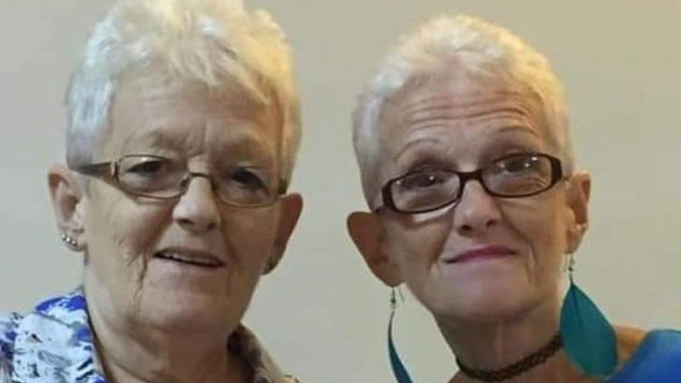 Margaret Pegler is on the right, her twin Elizabeth is on the left.