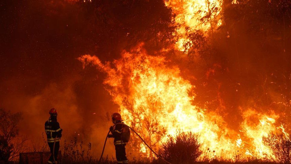 Firefighters work to fight a wildfire in the municipality of Odemira, Portugal