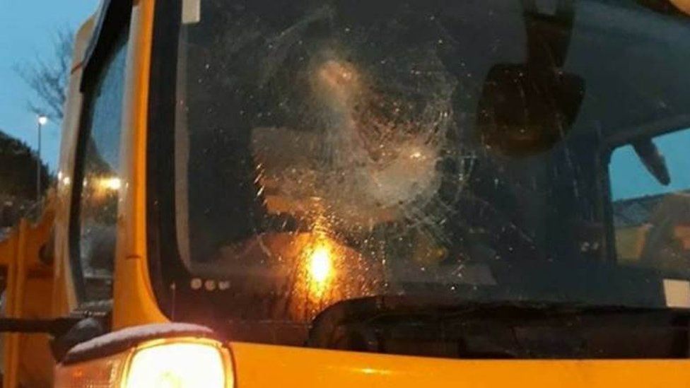 Caerphilly council gritting lorry with a smashed windscreen