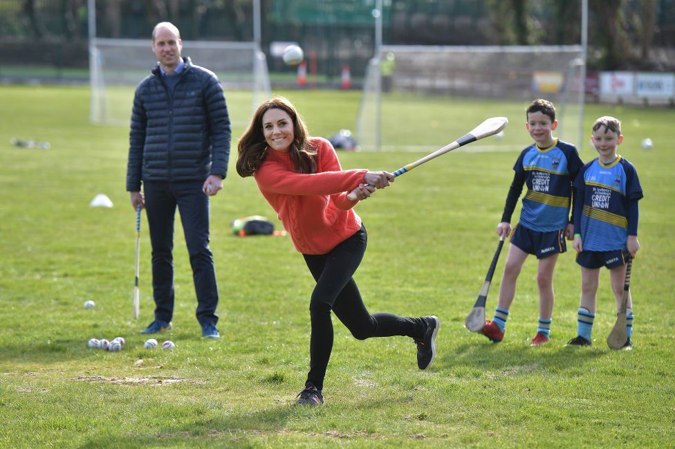 Kate hits a ball with a hurling during the visit to Salthill Knocknacarra GAA club