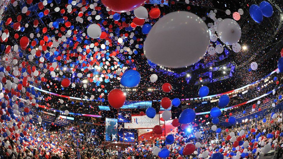 Balloons swirl in the air following Republican presidential candidate Mitt Romney's acceptance speech at the Tampa Bay Times Forum in Tampa, Florida