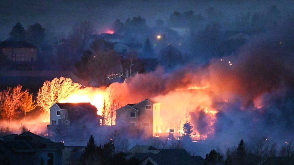 The Marshall Fire continues to burn out of control on December 30, 2021 in Broomfield, Colorado