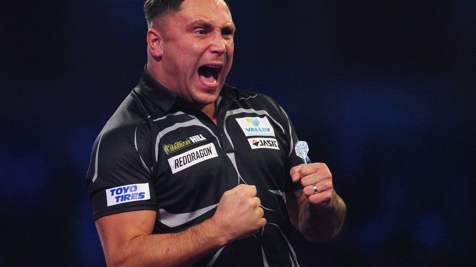 Wales' Gerwyn Price celebrates beating Simon Whitlock in the last 16 of the PDC World Championship