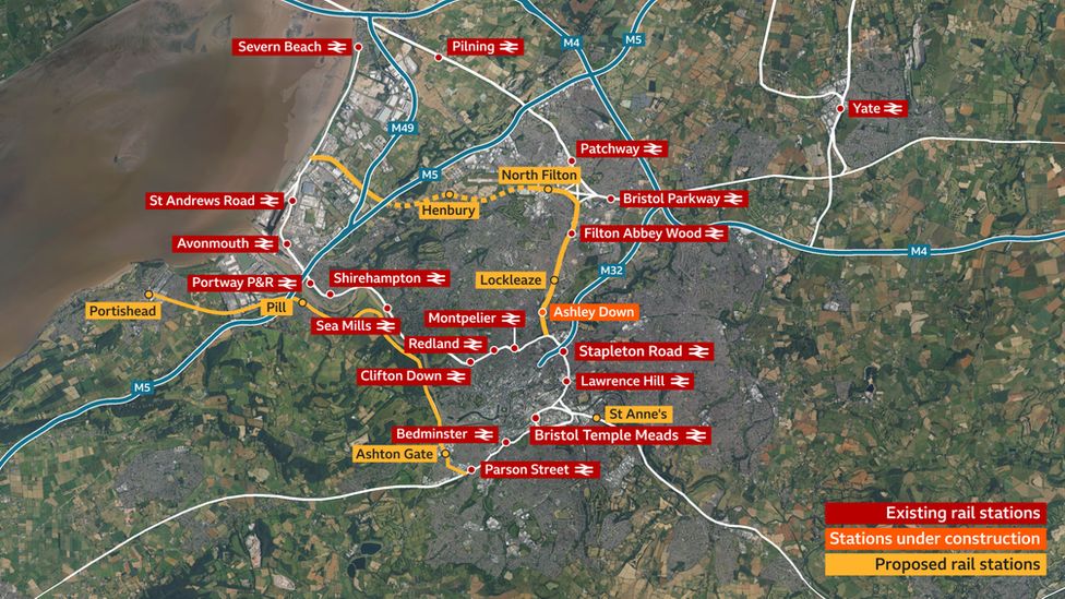A map graphic showing where current and planned stations are in Bristol