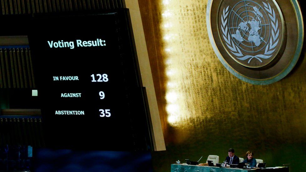 Results of vote shown on the board at a meeting of the UN General Assembly in New York, on 21 December 2017