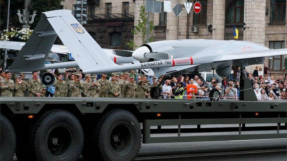 A Bayraktar drone is seen during a rehearsal for Ukraine's Independence Day military parade in central Kyiv, Ukraine August 18, 2021