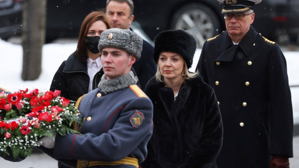 Liz Truss takes part in a wreath-laying ceremony at the Tomb of the Unknown Soldier in Moscow