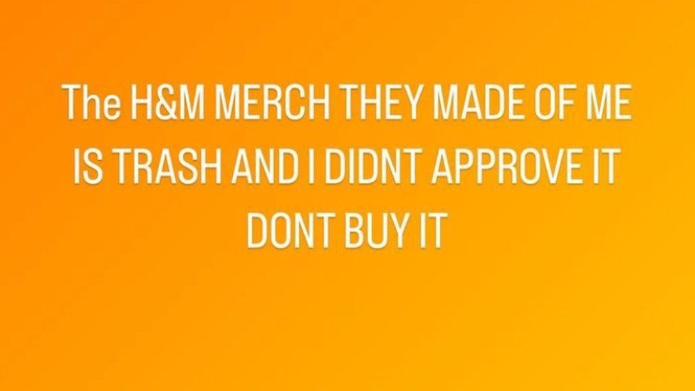 Second Instagram screenshot from Bieber's account reading: The H&M merch they made of me is trash and I didn't approve it don't buy it