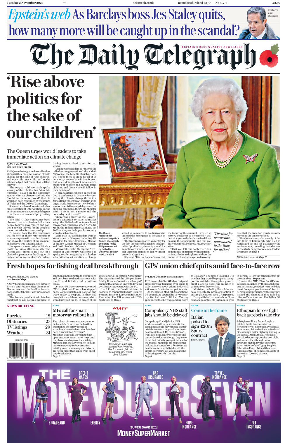Daily Telegraph front page 02/11/21