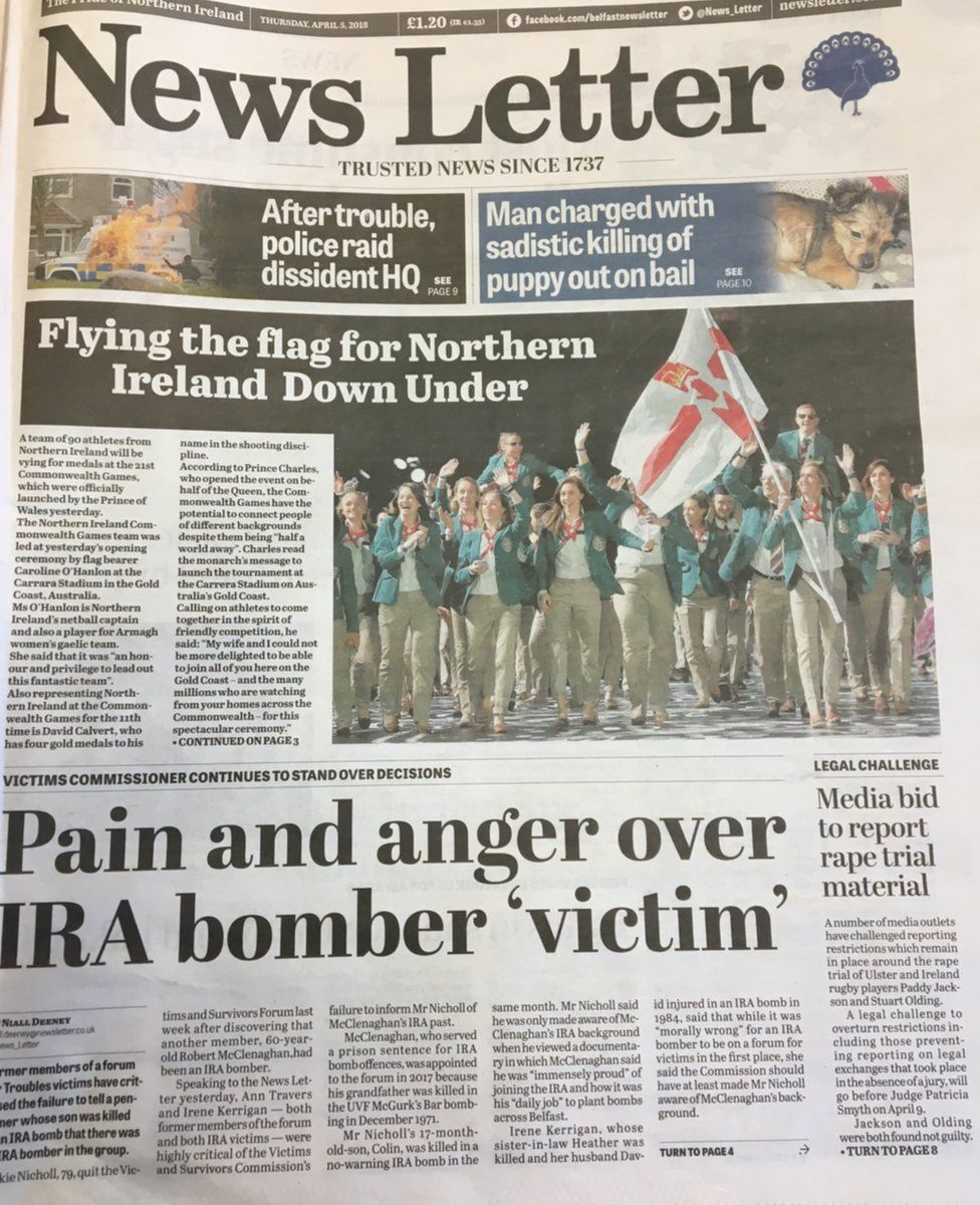 front page of the News Letter Thursday 5th April 2018