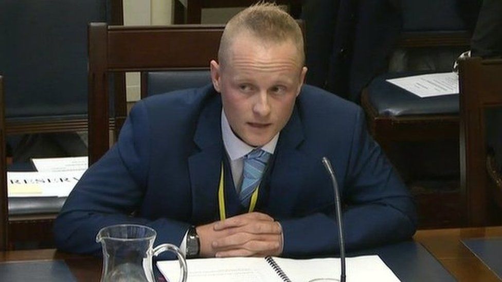 Jamie Bryson at Stormont's Finance Committee in 2016