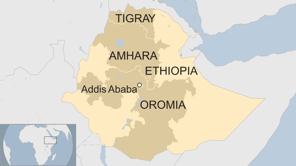 A map of Ethiopia showing Tigray, Amhara and Oromia.