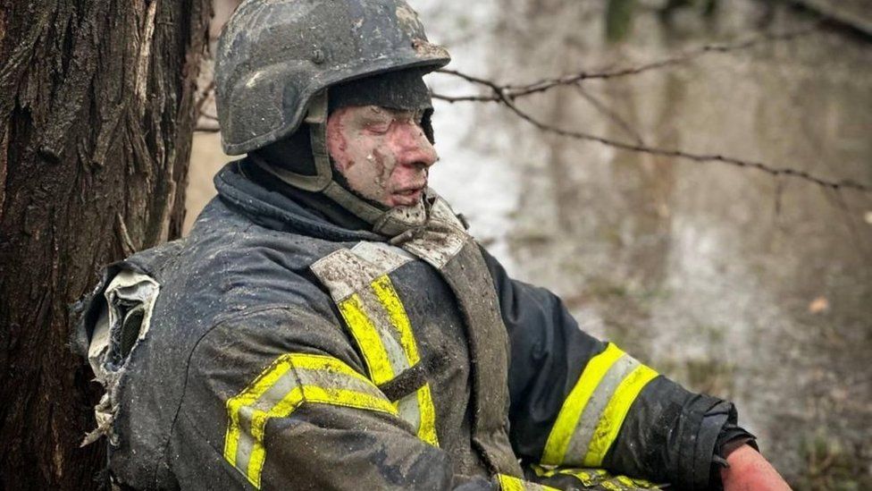Rescue team officials injured as they conduct search and rescue operations after the Russian attacks in different locations around the country, killing and injuring civilians, destroying buildings and cars and causing fires in Odessa, Ukraine on March 15, 2024
