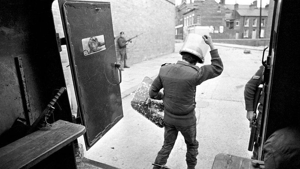 Photo taken from inside an Army vehicle during a patrol of Belfast in 1971