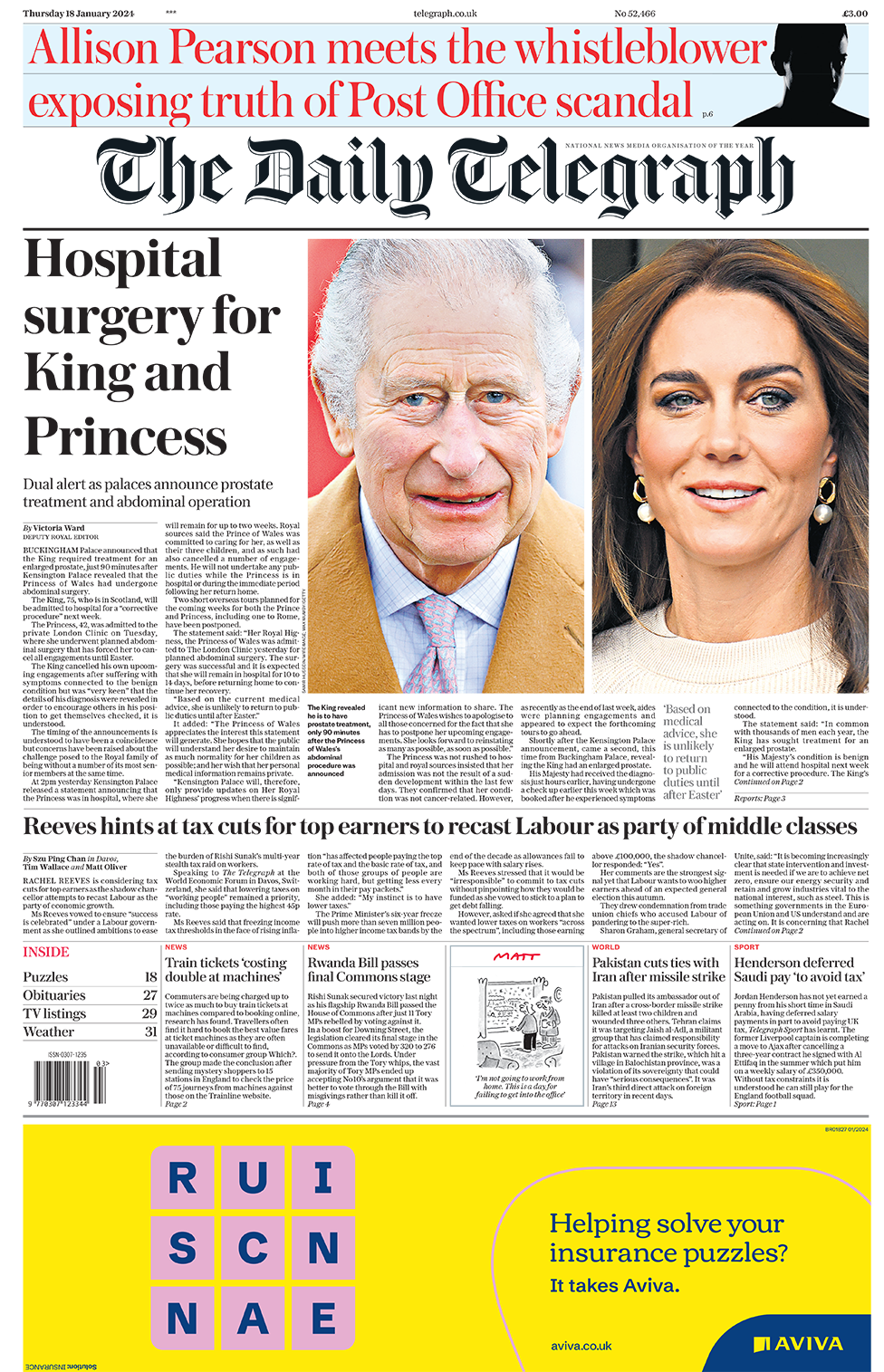 The headline in the Telegraph reads: "Hospital surgery for King and Princess".