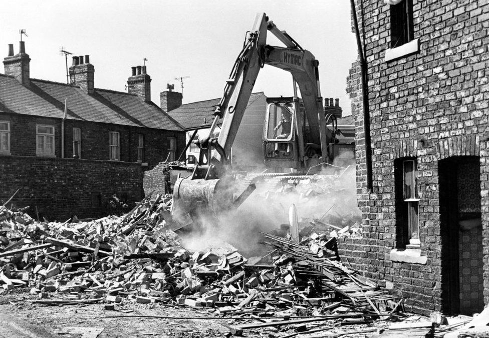 Former miners' cottages being demolished in Carlin How in North Yorkshire in June 1978