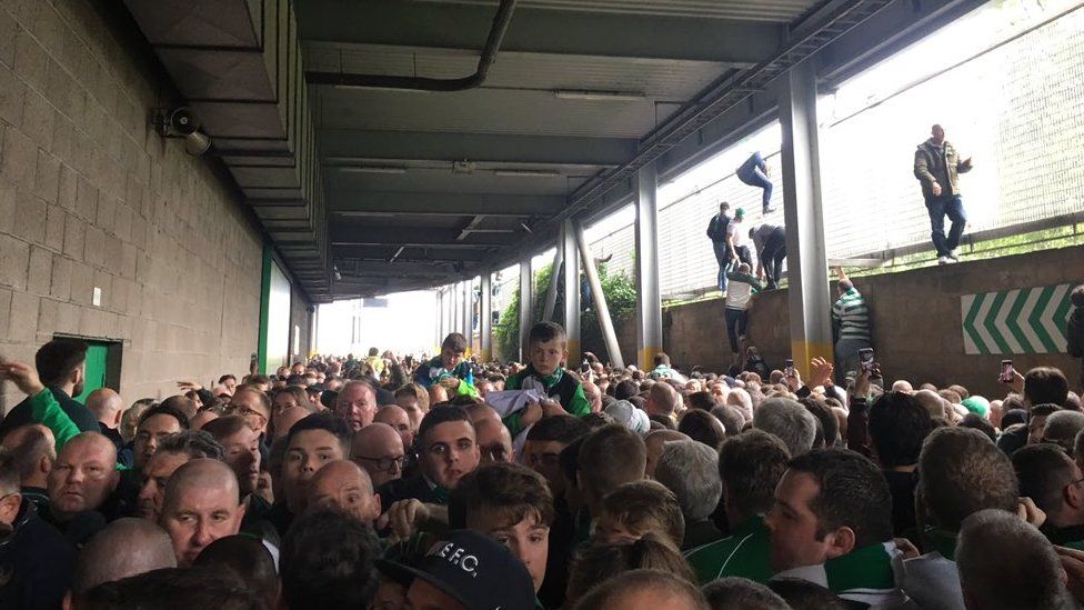 Celtic fans trying to escape the crush