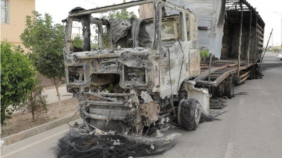 A view shows a truck which was burnt during protests in Nukus, capital of the northwestern Karakalpakstan region, Uzbekistan July 3, 2022. KUN.UZ/Handout via REUTERS