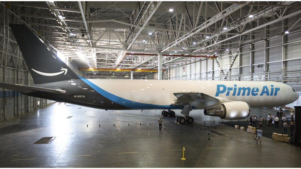 An Amazon Air aeroplane in a hanger