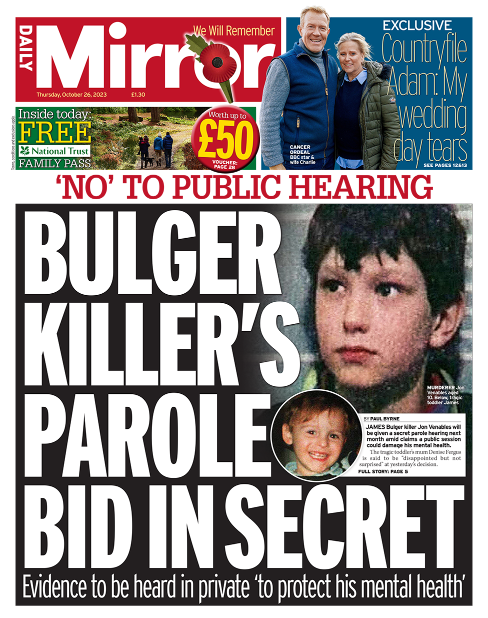 The headline in the Mirror reads: "Bulger killer's parole bid in secret"