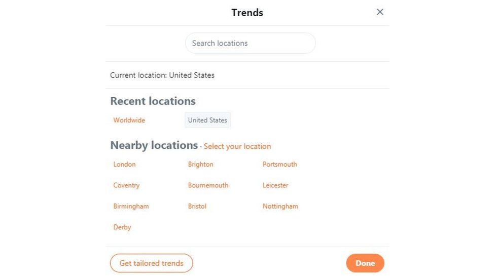 Screenshot from Twitter showing how to change location of Trending Topics