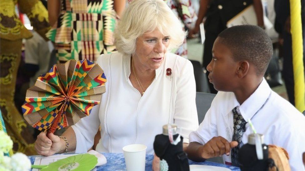 The Duchess of Cornwall meets students at a Commonwealth Big Lunch at the Ghana International School (G.I.S.) Junior Site, in Accra, Ghana, on day six of her trip to west Africa with the Prince of Wales.