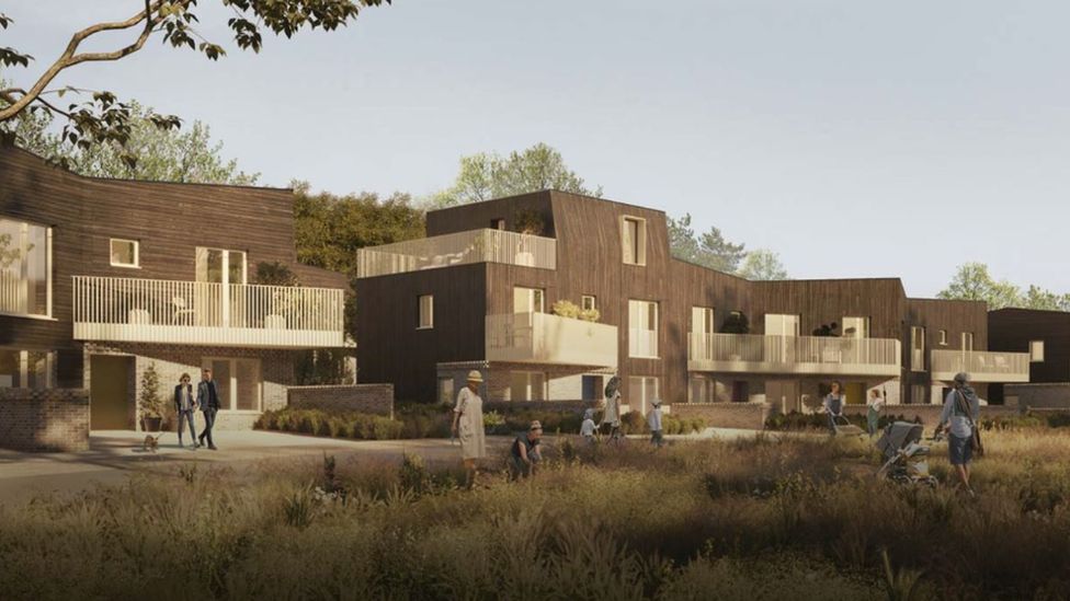 An artist's impression of how the houses might look, with brown houses surrounded by trees and greenery