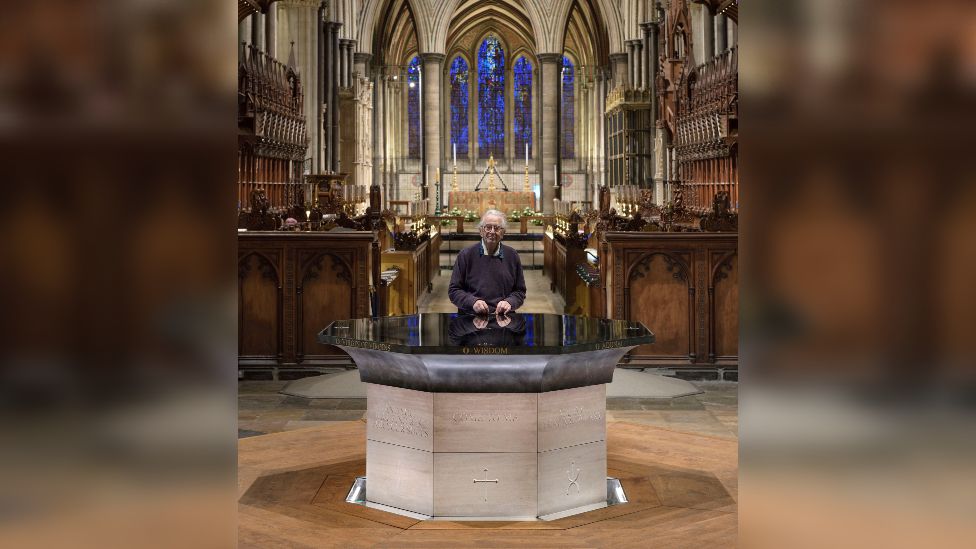 William Pye with the newly installed altar