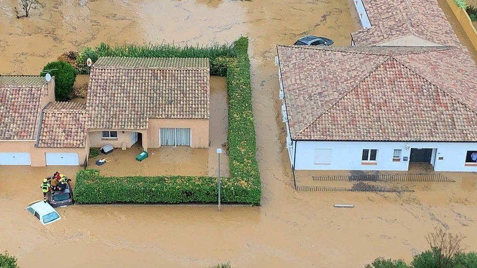 Aerial photo of flooding in Béziers, south of France