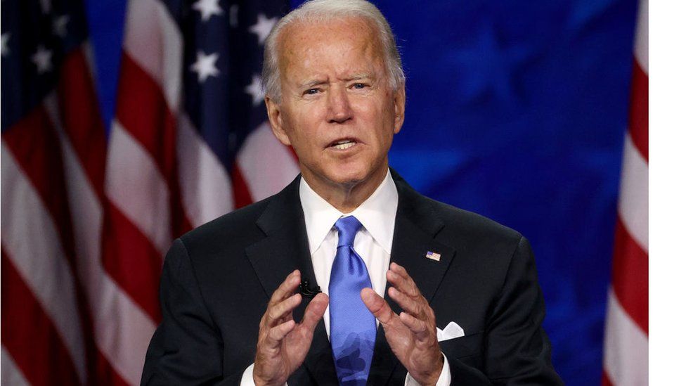 Democratic presidential nominee Joe Biden delivers his acceptance speech on the fourth night of the Democratic National Convention from the Chase Center on August 20, 2020 in Wilmington, Delaware. The convention, which was once expected to draw 50,000 people to Milwaukee, Wisconsin, is now taking place virtually due to the coronavirus pandemic.