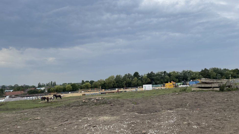 Grazing land at Wardley Lane near Hebburn that has been taken over by contractors working on the Metro Flow project