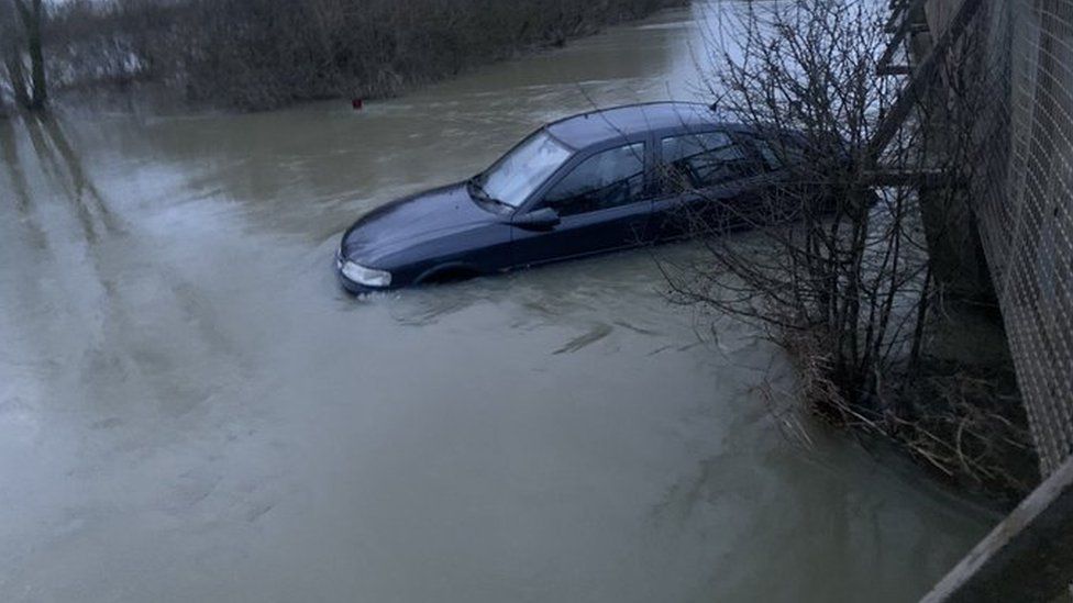 Warning After Car Gets Stuck In Flood Water Near Ely - BBC News