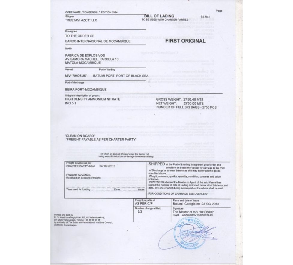 Recibo de la carga que registra a Rustavi Azot LLC como la compañía que provee el nitrato de amonio e indica que el cliente es el Banco Internacional de Mozambique