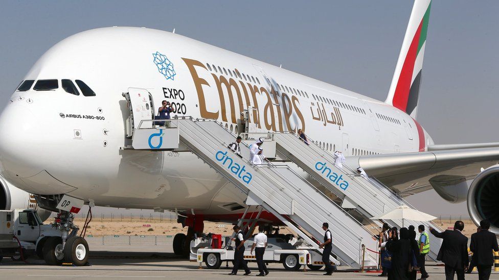 An Emirates airline Airbus A380 displayed at the Dubai Airshow on November 9, 2015