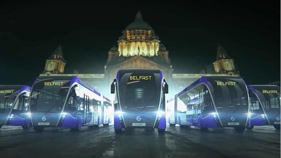 Glider busses outside City Hall in Belfast