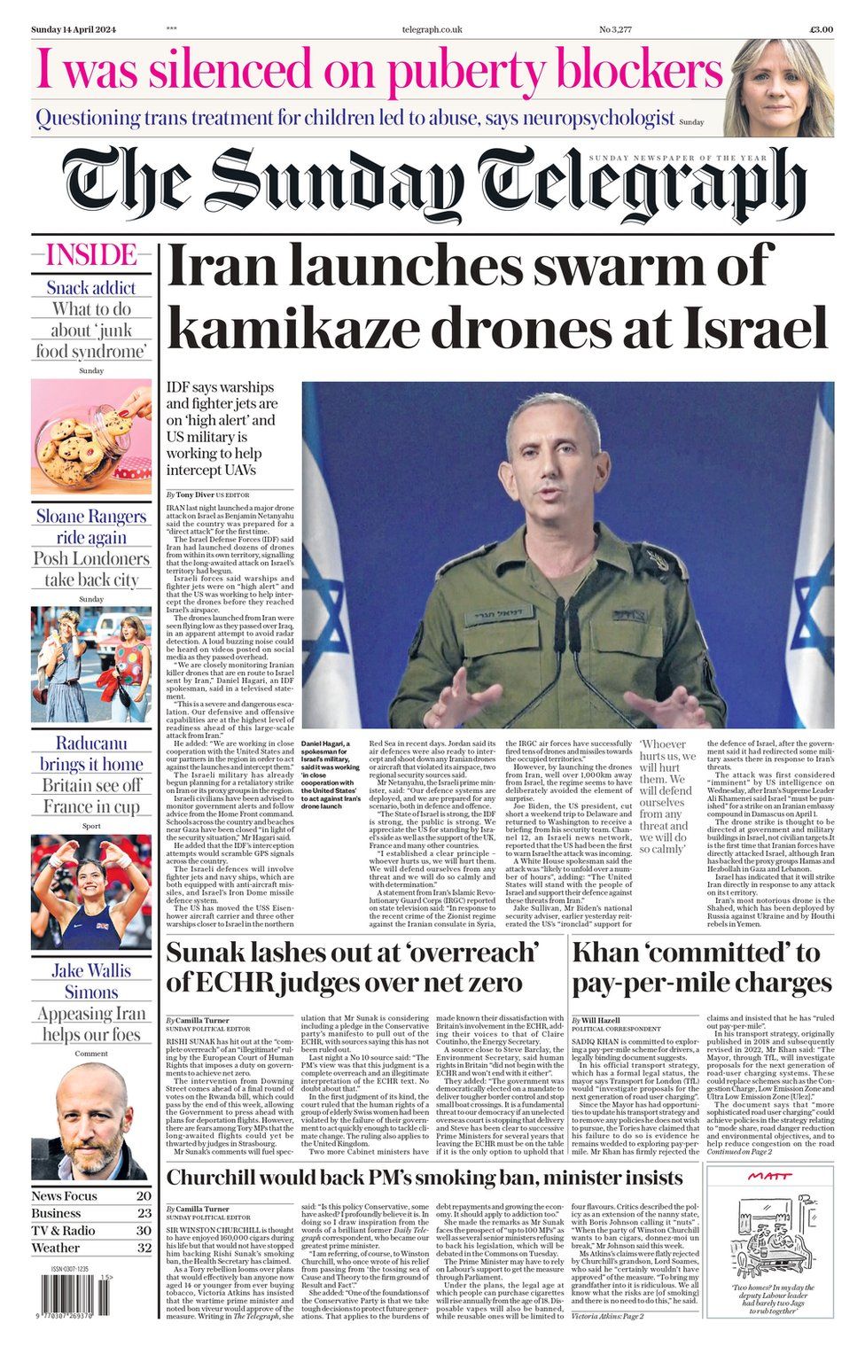 The Sunday Telegraph headline: Iran launches swarm of kamikaze drones at Israel