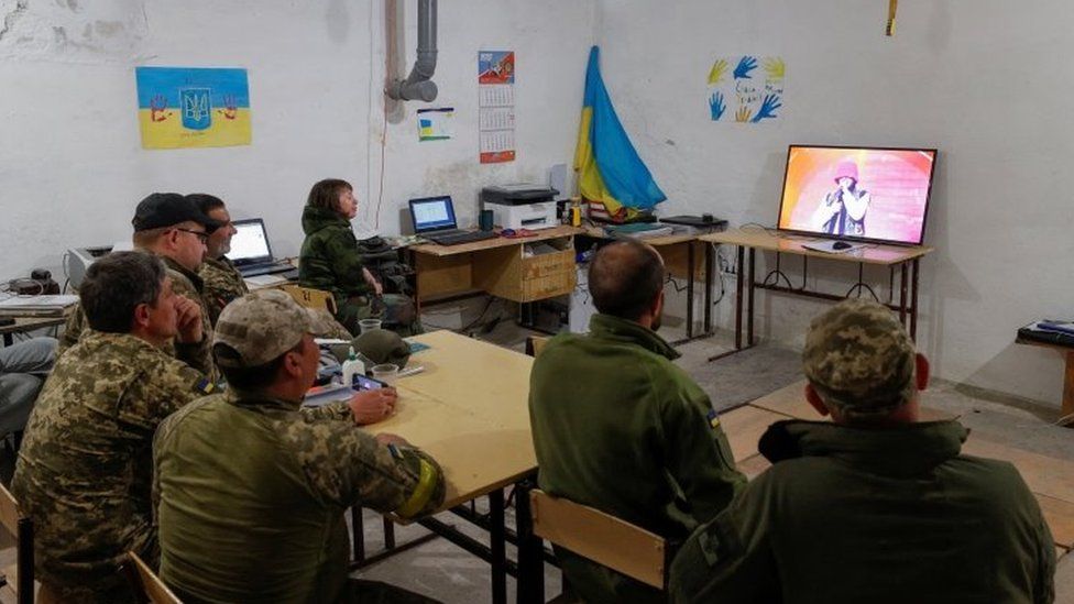 Military workers watch Eurovision in Ukraine