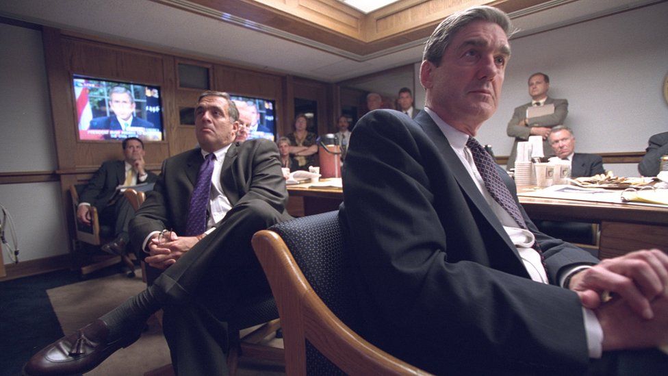 Then-CIA director George Tenant and FBI director Robert Mueller in the White House security area on 9/11