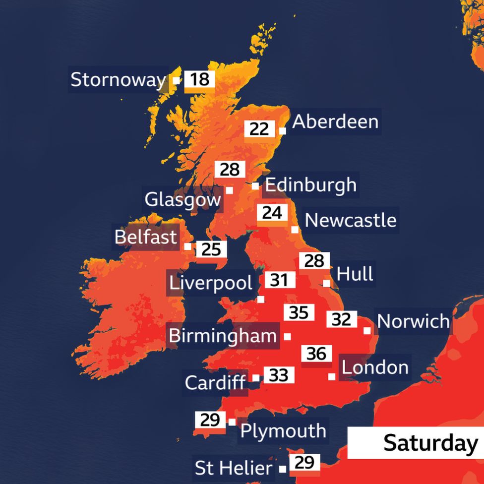 A weather forecast map of the UK with top temperatures of 36 degrees celsius in London