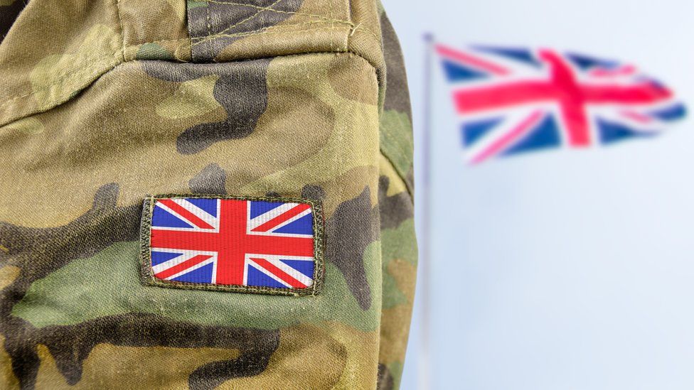Army uniform alongside UK flag