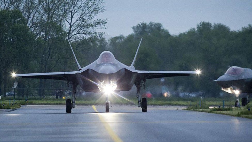 The first two American F-35A Lightning II fighter jets land in Leeuwarden, The Netherlands, in May 2016.