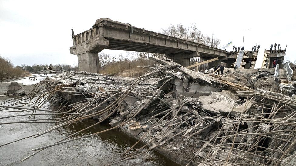 Image shows destroyed bridge