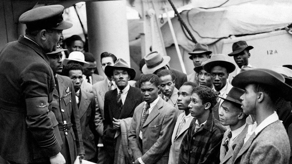 Immigrants were greeted by RAF officials after HMT Empire Windrush arrived at Tilbury