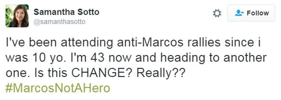 @samanthasotto tweets "Я посещаю митинги против Маркоса с 10 лет. Мне сейчас 43, и я иду на другой. Это ИЗМЕНЕНИЕ? Правда ?? #MarcosNotAHero"