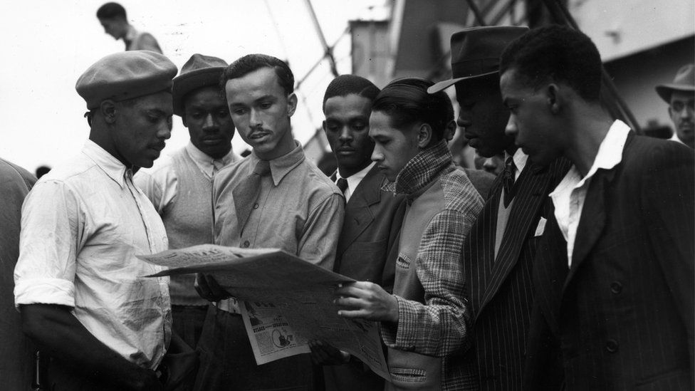 Some of the first migrants from Jamaica at Tilbury, London, on board the Empire Windrush; June 1948