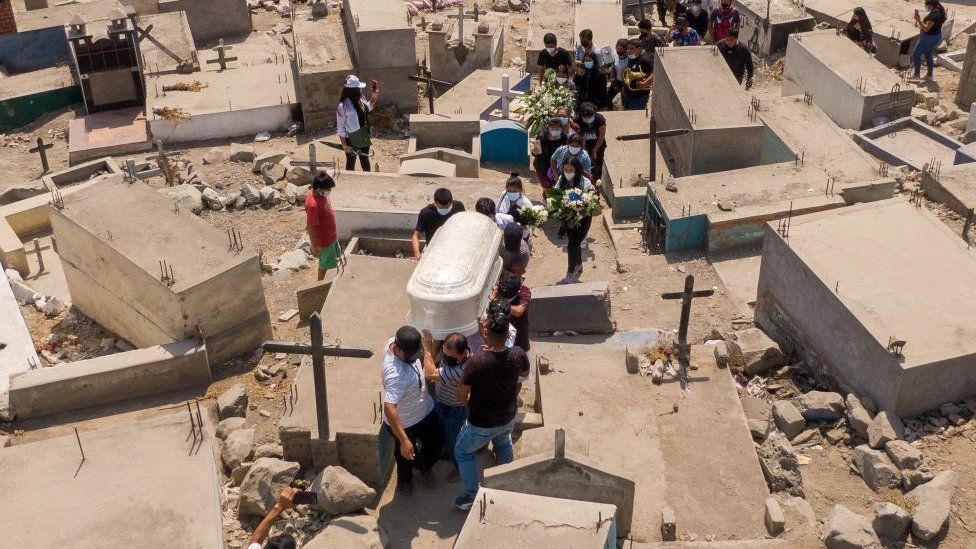Вид с воздуха на людей, идущих среди гробниц во время захоронения на кладбище «Мартирес 19 де Хулио» 17 апреля 2021 года в Комасе, на окраине Лимы, Перу