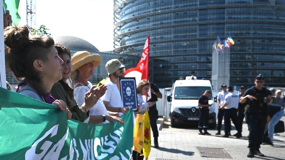 Anti-nuclear protesters take part in demonstrations ahead of a vote at the European Parliament on a motion to block the European Commission's plans to grant a green label to gas and nuclear investments, in Strasbourg, eastern France, on July 6, 2022.
